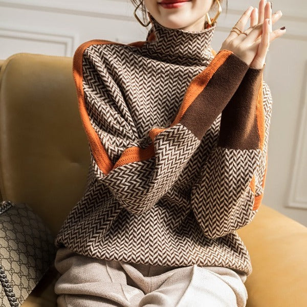 Sabine | Damen Luxus Fischgrät Rollkragenpullover