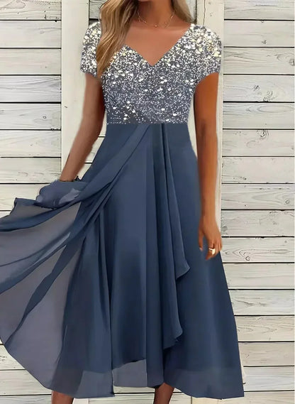 Angela | Damen Blumenkleid mit Farbverlauf und V-Ausschnitt in Midi-Länge