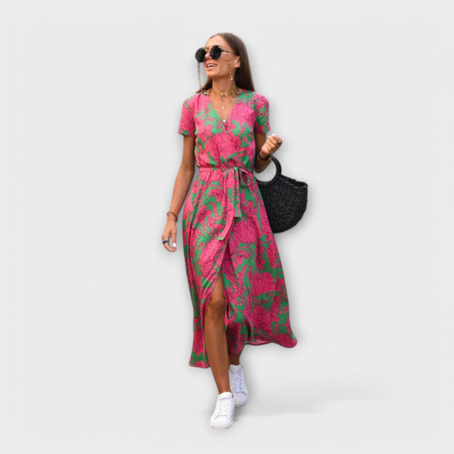 Susanne | Damen Lässiges Langkleid mit V-Ausschnitt und Gürtel