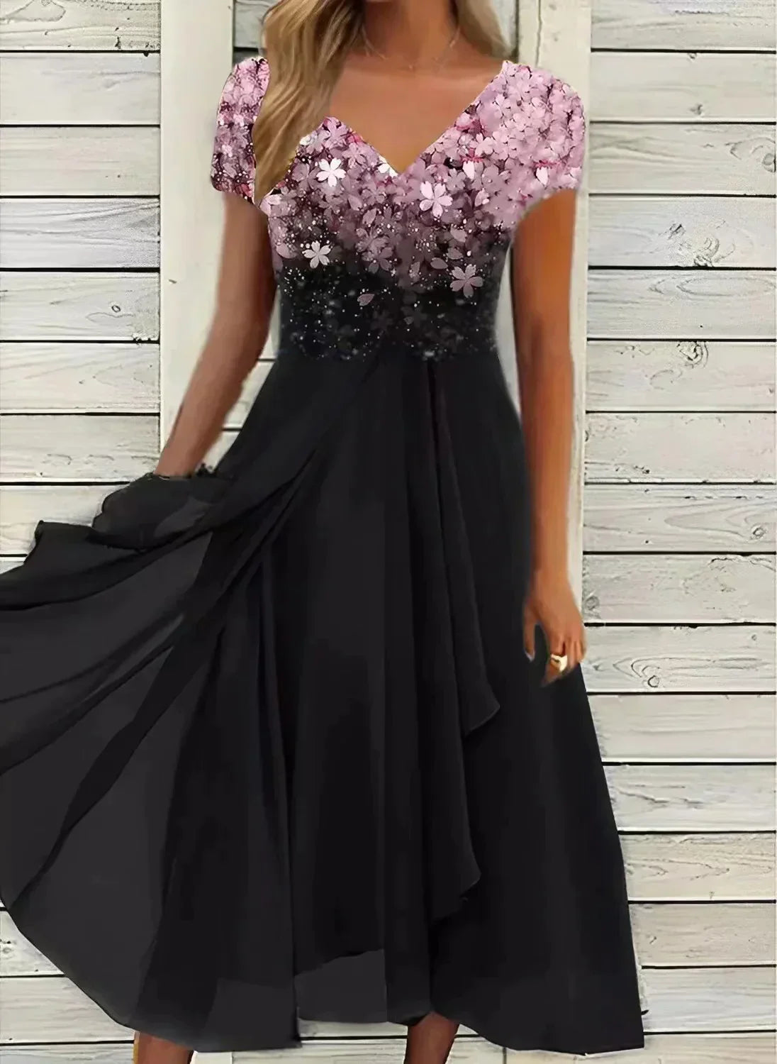 Angela | Damen Blumenkleid mit Farbverlauf und V-Ausschnitt in Midi-Länge