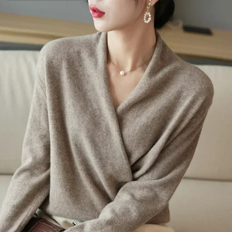 Susanne | Damen Herbst Strickpullover mit Wickel-V-Ausschnitt