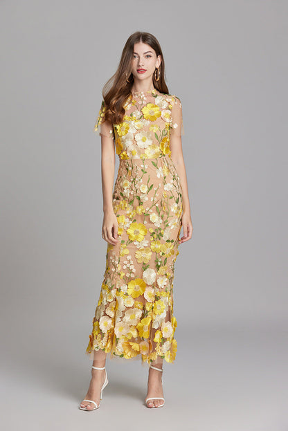 Annika | Damen Kurzarm Kleid mit Blumenmuster aus Mesh