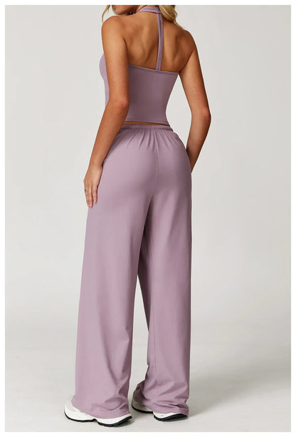 Laura | Damen Freizeit Neckholder Crop-Top Hosen Set