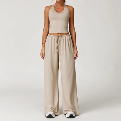 Laura | Damen Freizeit Neckholder Crop-Top Hosen Set