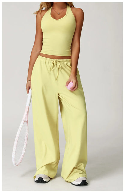 Laura | Damen Freizeit Neckholder Crop-Top Hosen Set