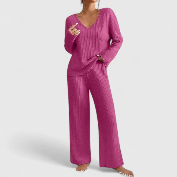 Eva | Damen Geripptes Weites Hosen-Zweiteiler-Set