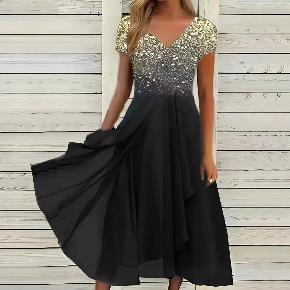 Angela | Damen Blumenkleid mit Farbverlauf und V-Ausschnitt in Midi-Länge