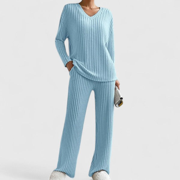 Eva | Damen Geripptes Weites Hosen-Zweiteiler-Set