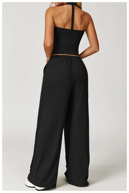 Laura | Damen Freizeit Neckholder Crop-Top Hosen Set
