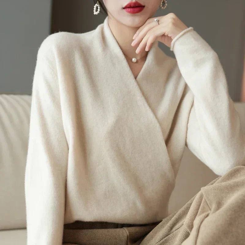 Susanne | Damen Herbst Strickpullover mit Wickel-V-Ausschnitt