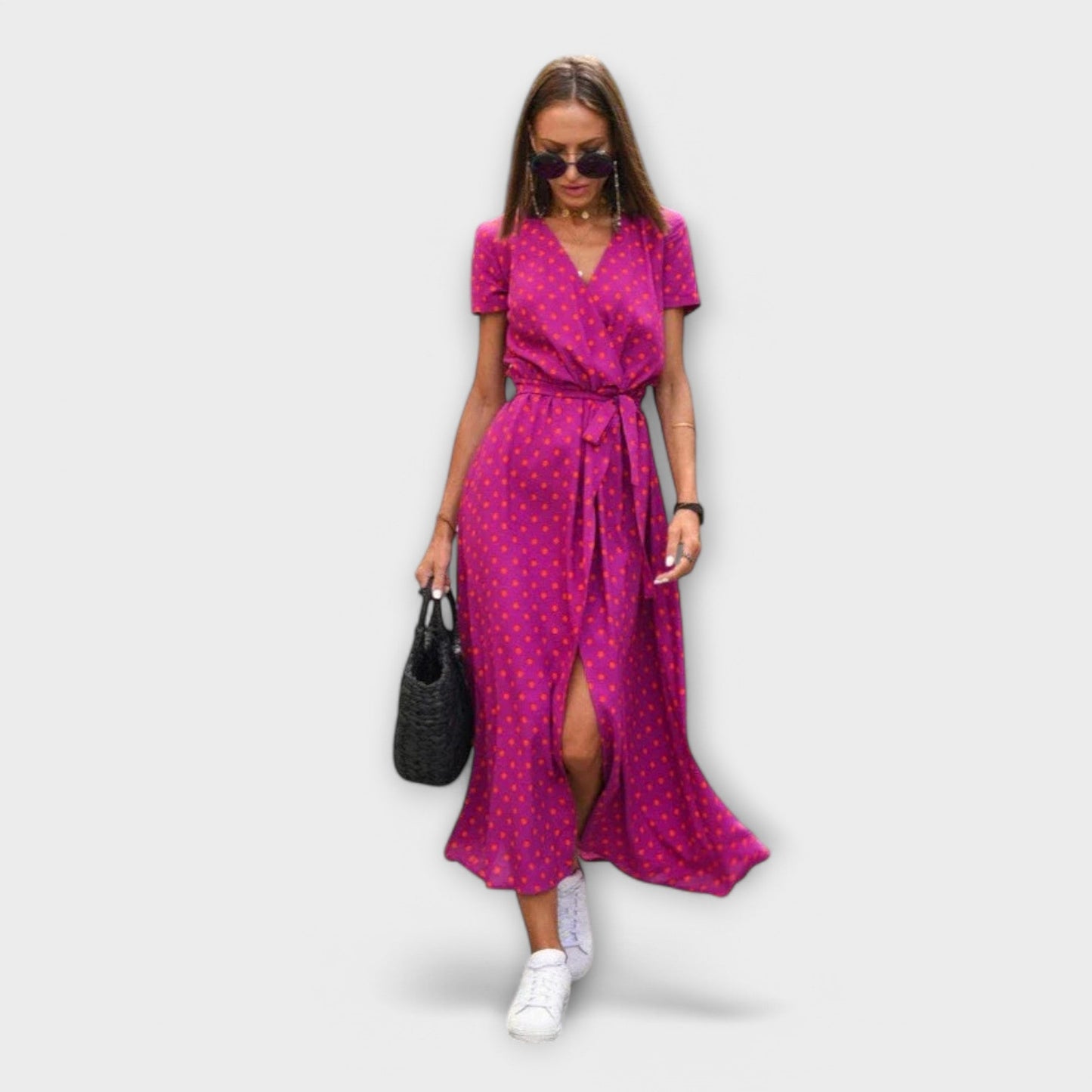 Susanne | Damen Lässiges Langkleid mit V-Ausschnitt und Gürtel