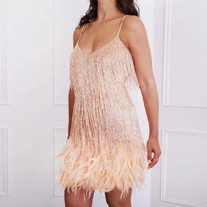 Helga | Damen Cocktailkleid mit Fransen und Federn