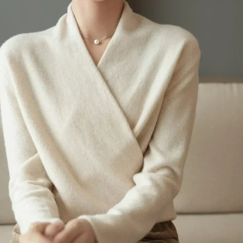 Susanne | Damen Herbst Strickpullover mit Wickel-V-Ausschnitt