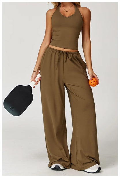 Laura | Damen Freizeit Neckholder Crop-Top Hosen Set