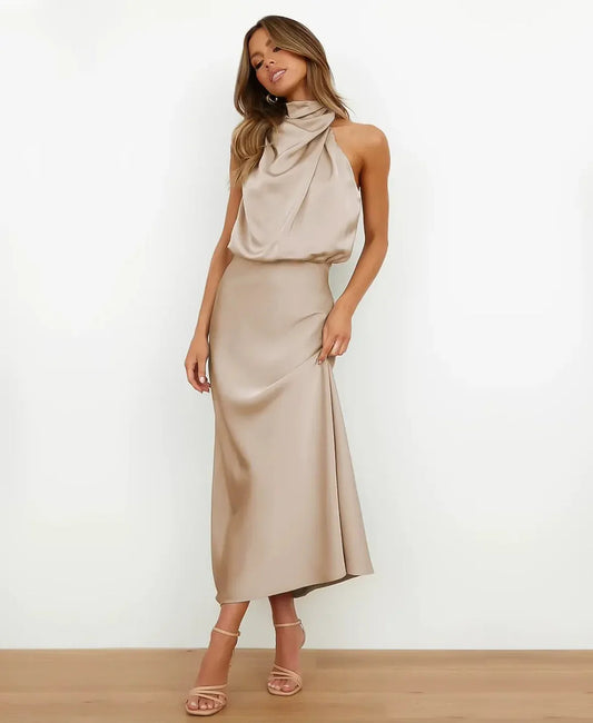 Beatrice | Damen Maxikleid mit Drapierung und Neckholder-Ausschnitt