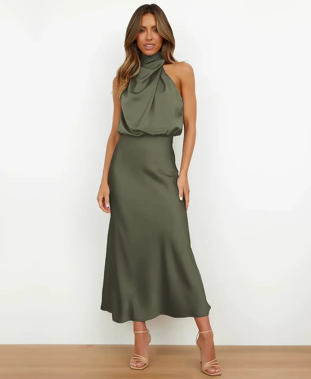 Beatrice | Damen Maxikleid mit Drapierung und Neckholder-Ausschnitt