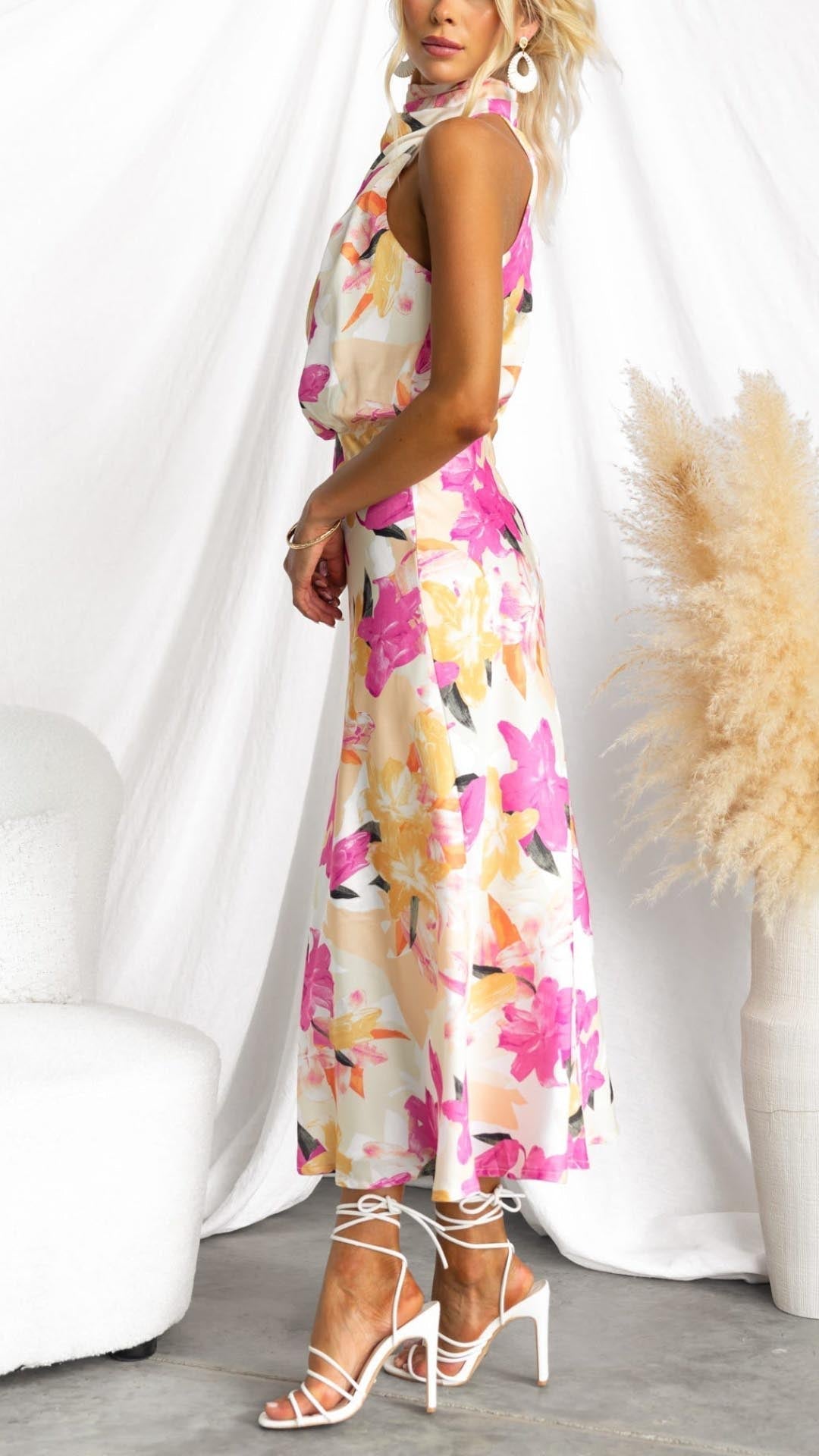 Marion | Damen Blumen Neckholder Maxikleid