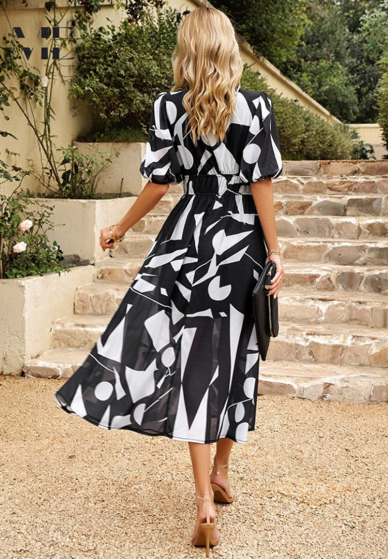 Michaela | Damen Abstrakt Print Wickel Midi Kleid