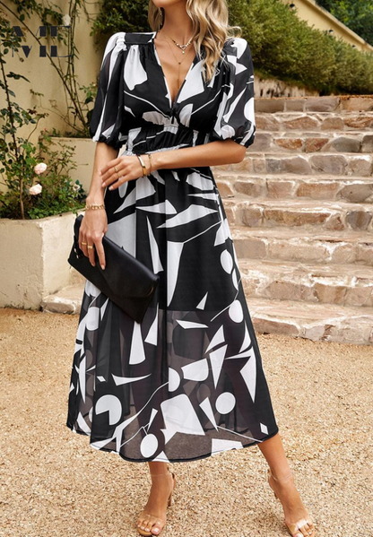 Michaela | Damen Abstrakt Print Wickel Midi Kleid