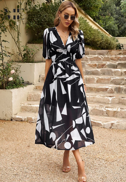 Michaela | Damen Abstrakt Print Wickel Midi Kleid