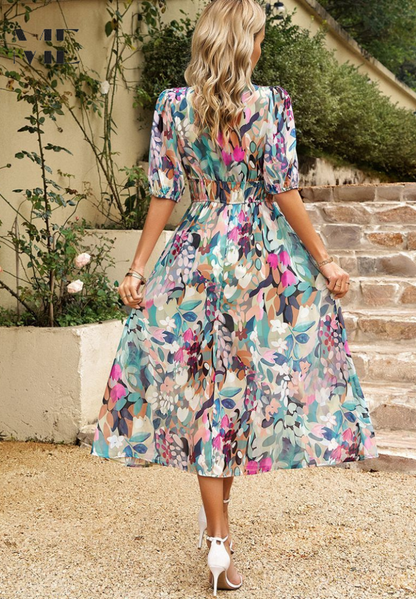 Michaela | Damen Abstrakt Print Wickel Midi Kleid