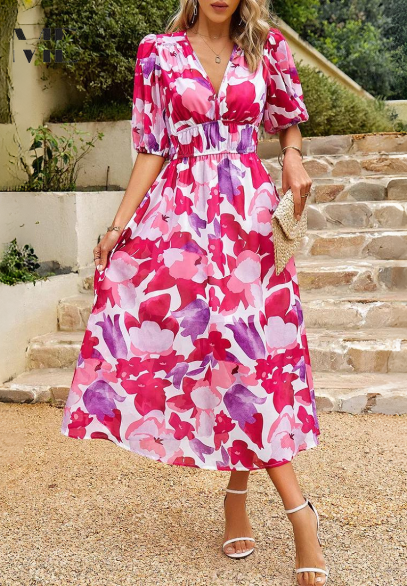 Michaela | Damen Abstrakt Print Wickel Midi Kleid
