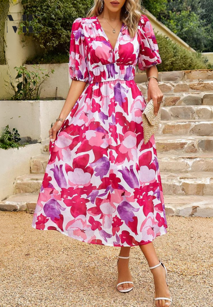 Michaela | Damen Abstrakt Print Wickel Midi Kleid