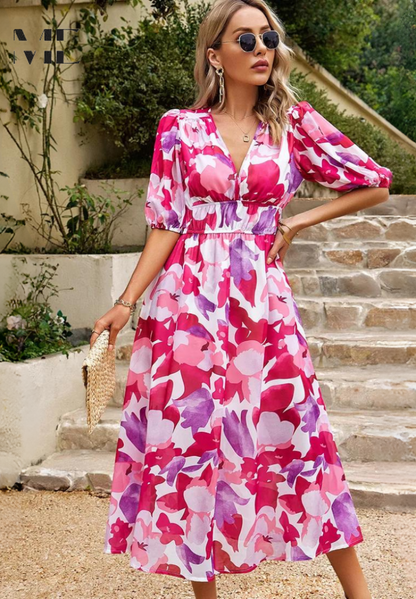 Michaela | Damen Abstrakt Print Wickel Midi Kleid