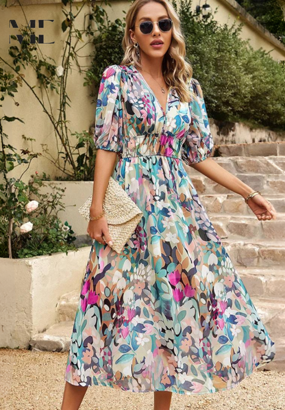 Michaela | Damen Abstrakt Print Wickel Midi Kleid