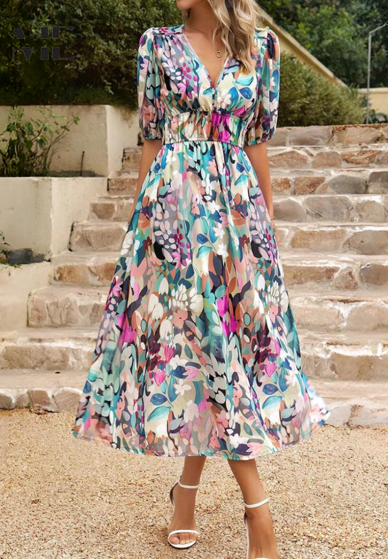 Michaela | Damen Abstrakt Print Wickel Midi Kleid
