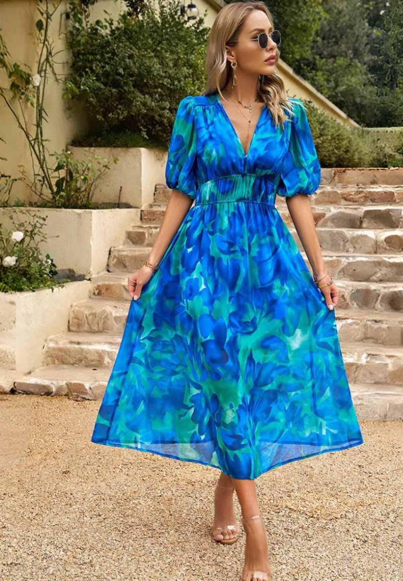 Michaela | Damen Abstrakt Print Wickel Midi Kleid