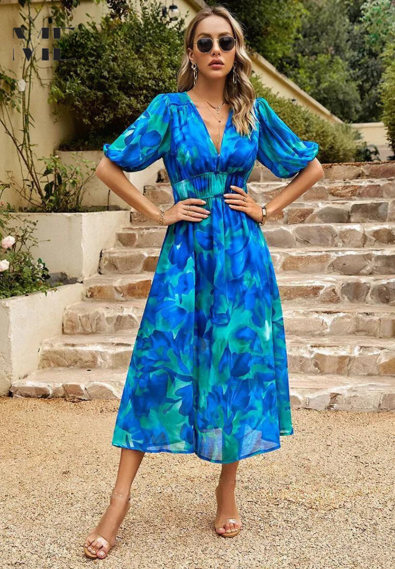 Michaela | Damen Abstrakt Print Wickel Midi Kleid