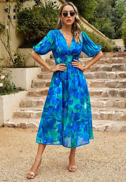 Michaela | Damen Abstrakt Print Wickel Midi Kleid