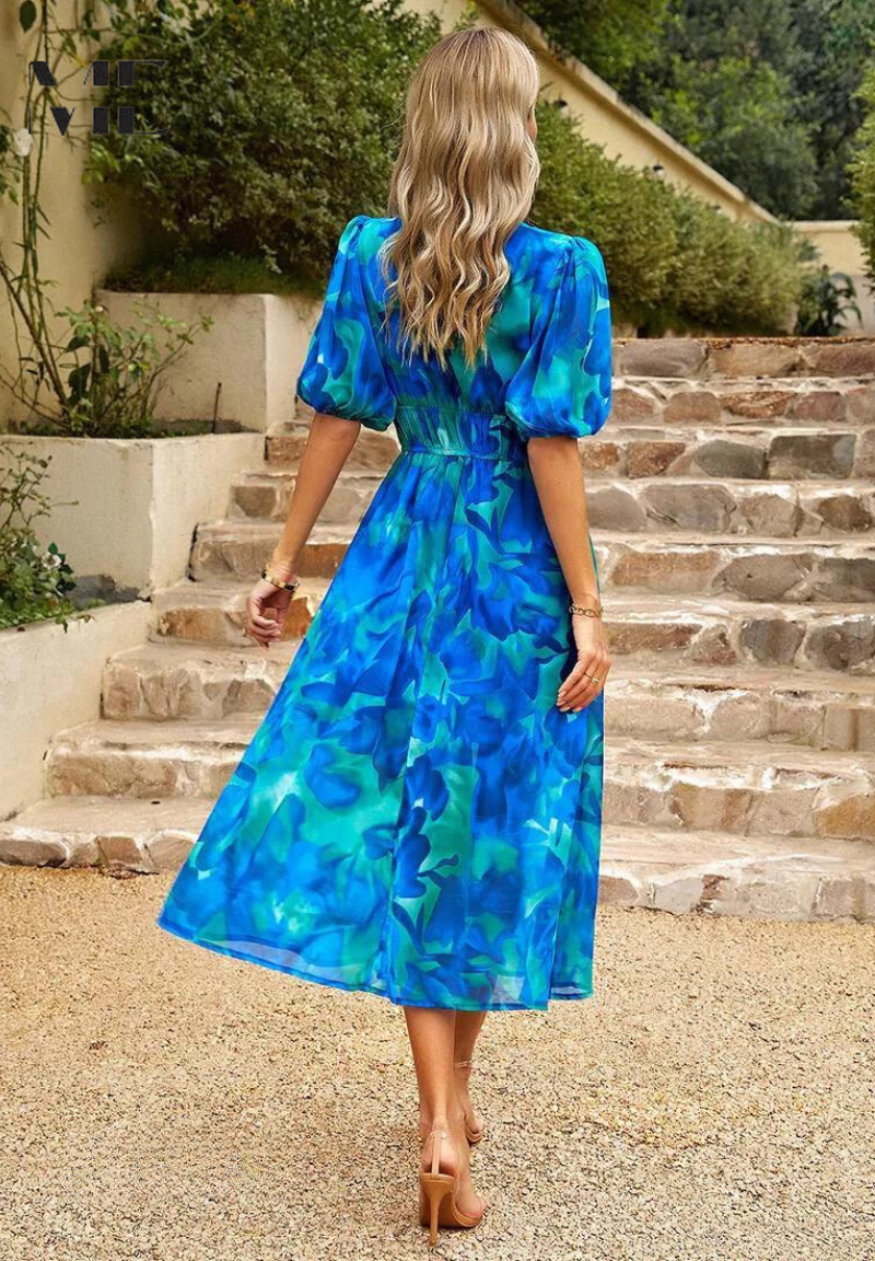 Michaela | Damen Abstrakt Print Wickel Midi Kleid