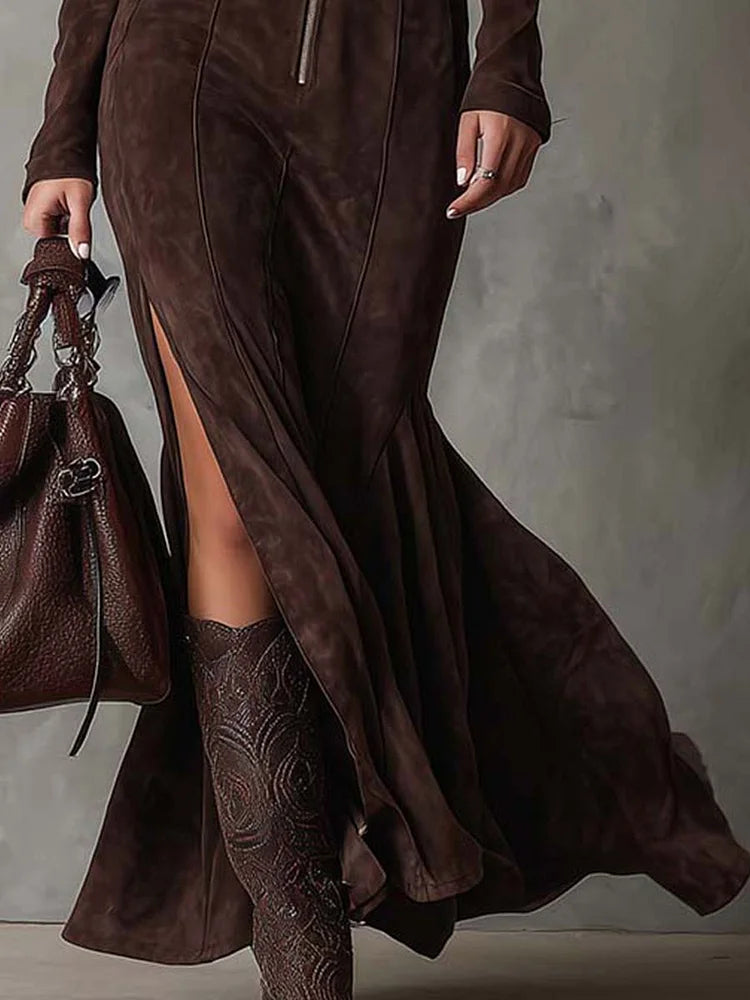 Jacqueline | Damen Elegantes Maxikleid mit Gürtel und Hohem Schlitz