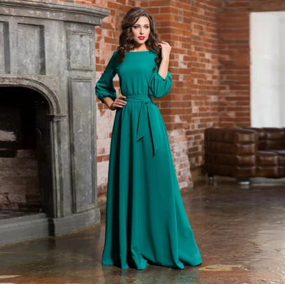 Selina | Damen Modestisches Maxikleid mit Rundhalsausschnitt