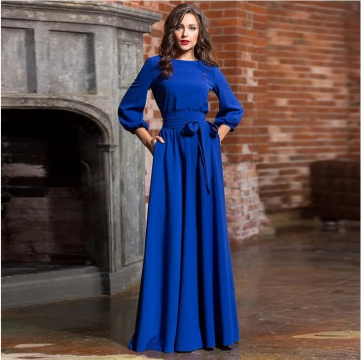 Selina | Damen Modestisches Maxikleid mit Rundhalsausschnitt