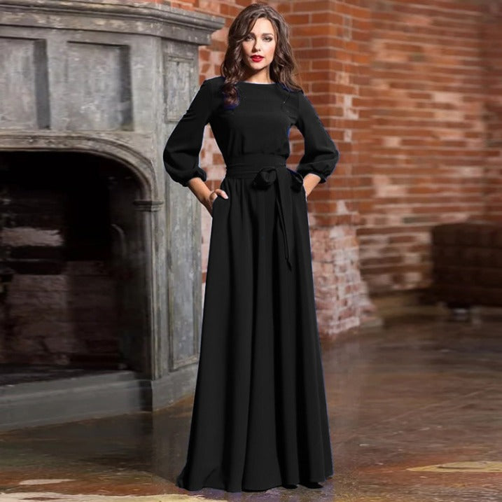 Selina | Damen Modestisches Maxikleid mit Rundhalsausschnitt