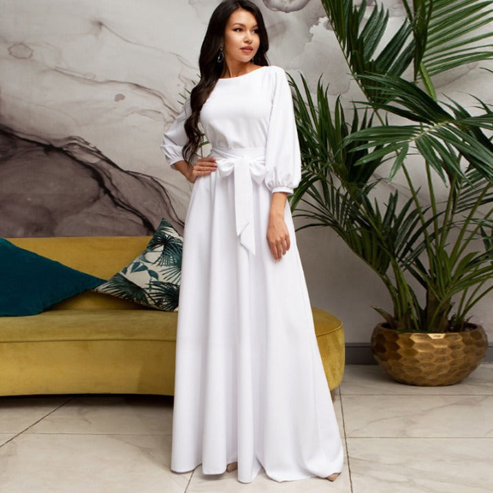 Selina | Damen Modestisches Maxikleid mit Rundhalsausschnitt