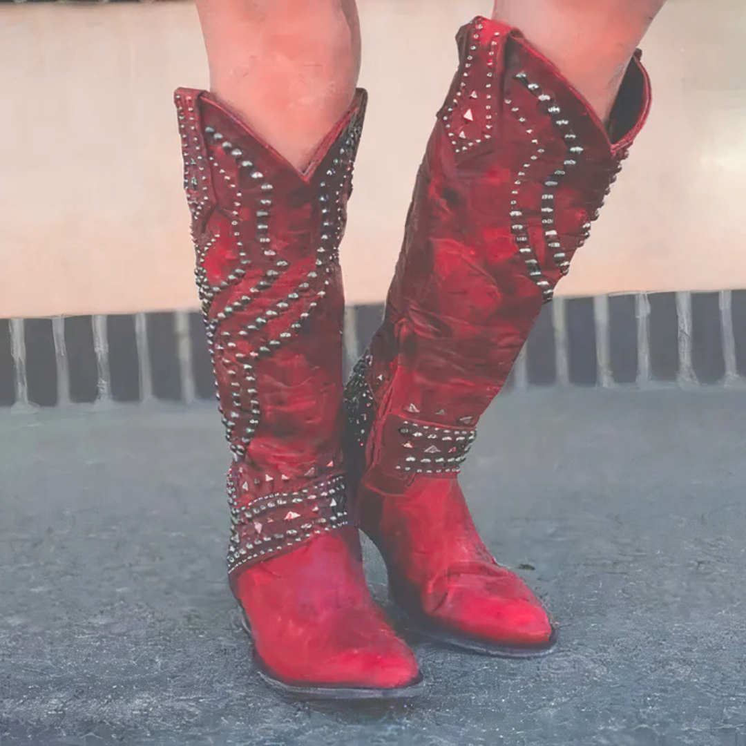 Elke | Damen Westernstiefel mit Nieten, knielang