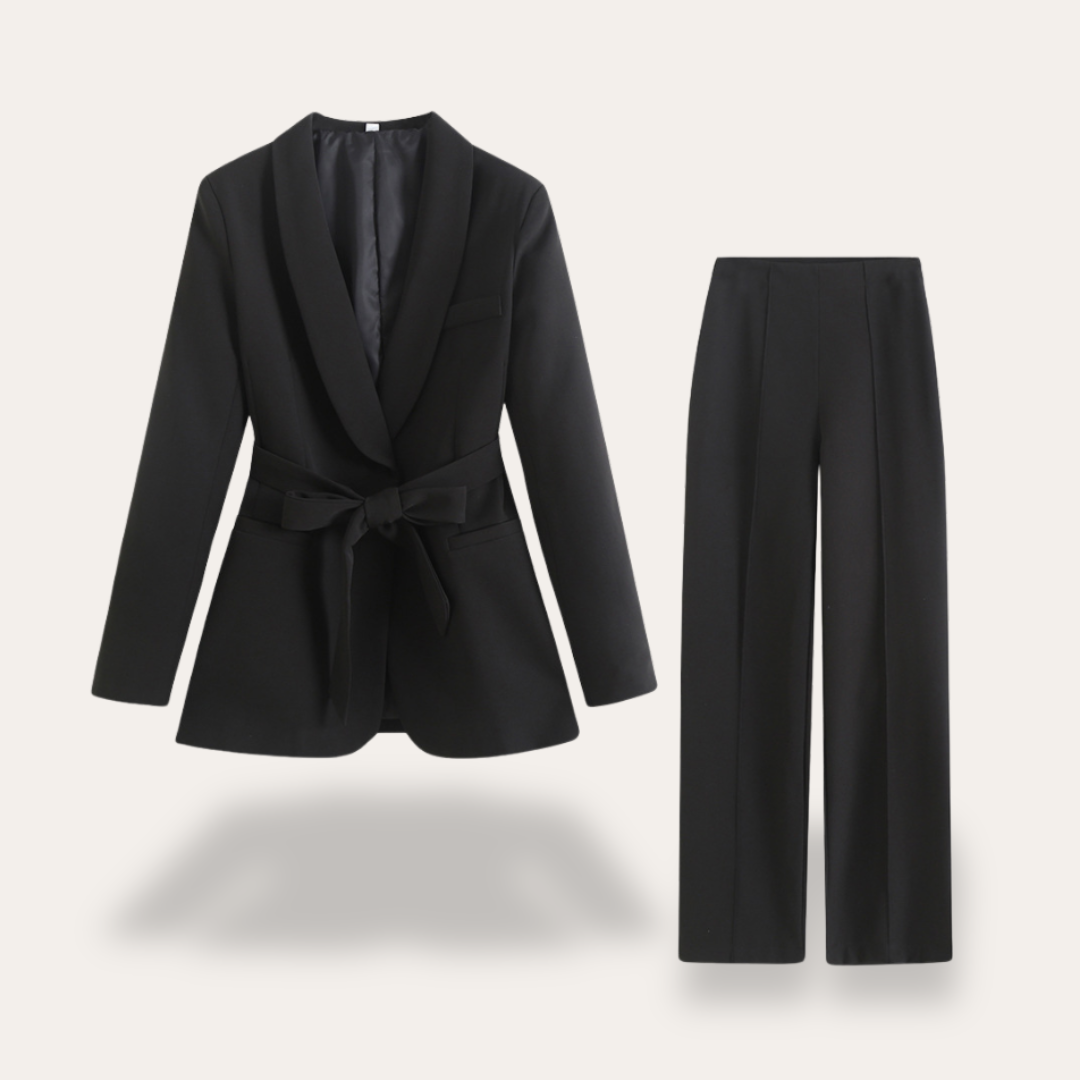Regine | Damen Blazer mit Gürtel und Weitbein-Hosen, Zweiteiliges Set
