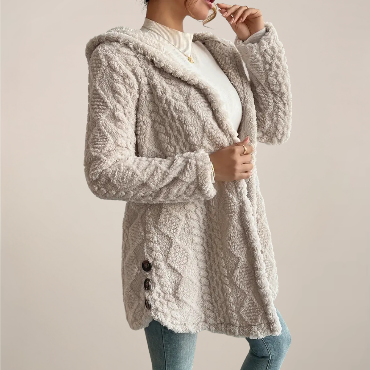 Birgit | Damen Frühling Strukturierter Kapuzen-Cardigan