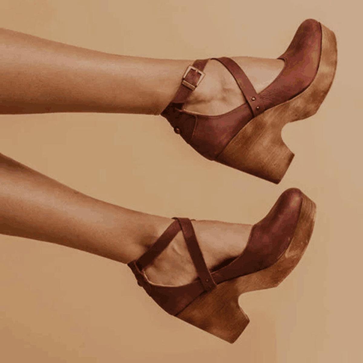 Claudia | Damen Holz-Absatz-Schuhe mit Knöchelriemen