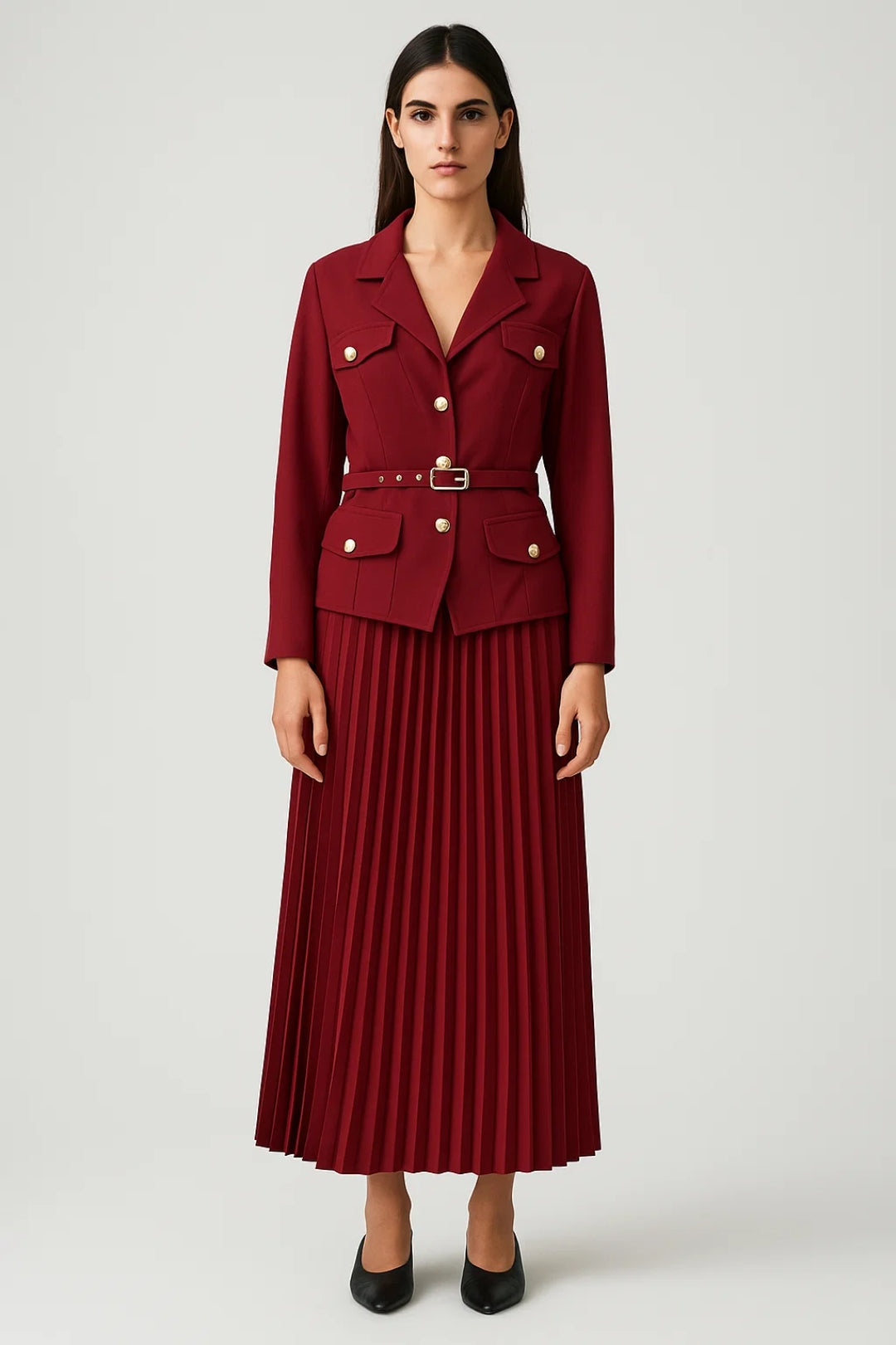 Daniela | Damen Zweireihiger Blazer mit Faltenrock-Set