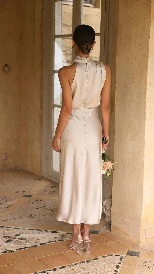 Greta | Damen Elegantes Midi-Kleid mit Neckholder und Drapiertem Ausschnitt