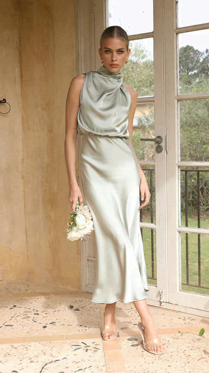 Greta | Damen Elegantes Midi-Kleid mit Neckholder und Drapiertem Ausschnitt