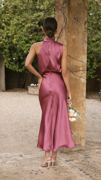 Greta | Damen Elegantes Midi-Kleid mit Neckholder und Drapiertem Ausschnitt