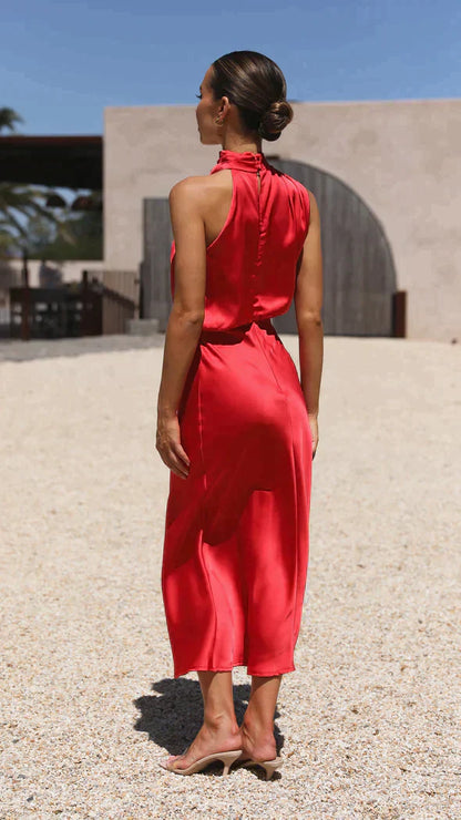 Greta | Damen Elegantes Midi-Kleid mit Neckholder und Drapiertem Ausschnitt