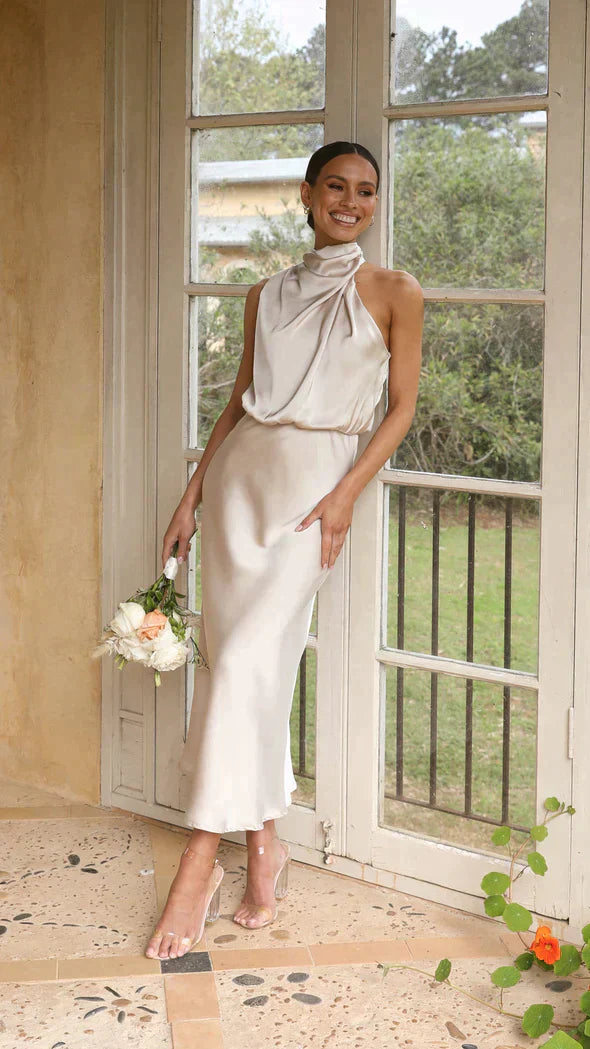 Greta | Damen Elegantes Midi-Kleid mit Neckholder und Drapiertem Ausschnitt
