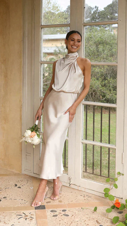 Greta | Damen Elegantes Midi-Kleid mit Neckholder und Drapiertem Ausschnitt